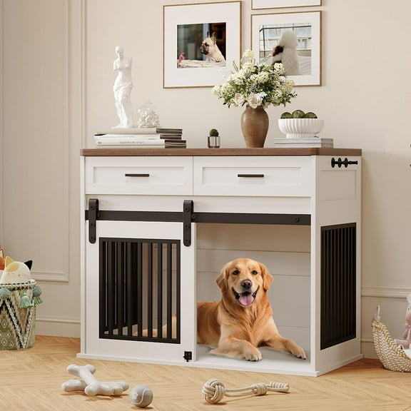 Soonbuy 42inch Dog Crate Furniture with Storage Drawers,Dog Kennel Furniture with 2 Sliding Barn Doors, Wooden Double Dog Cage TV Stand Multi-Functional Dog Crate End Table for Small Medium Dogs