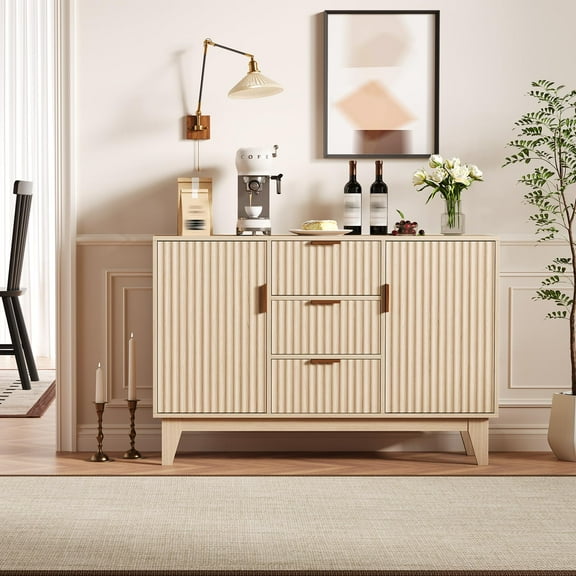 Soonbuy 47.2" Sideboard Buffet Cabinet with Storage, Modern Fluted Cabinet with 2 Doors, 3 Drawers and Adjustable Shelves, Coffee Bar Accent Storage Credenza for Kitchen Living/Dinning Room, Oak/White