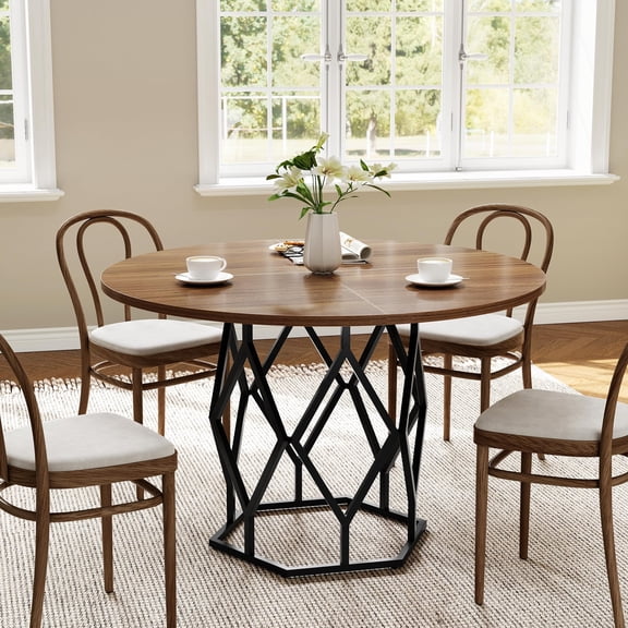Soonbuy 47-Inch Round Wood Dining Table with Rust-Proof Metal Base, Stable Streamlined Design for 4-6 People, Multifunctional Kitchen, Dining, Office, and Living Room Furniture, Grey, Brown