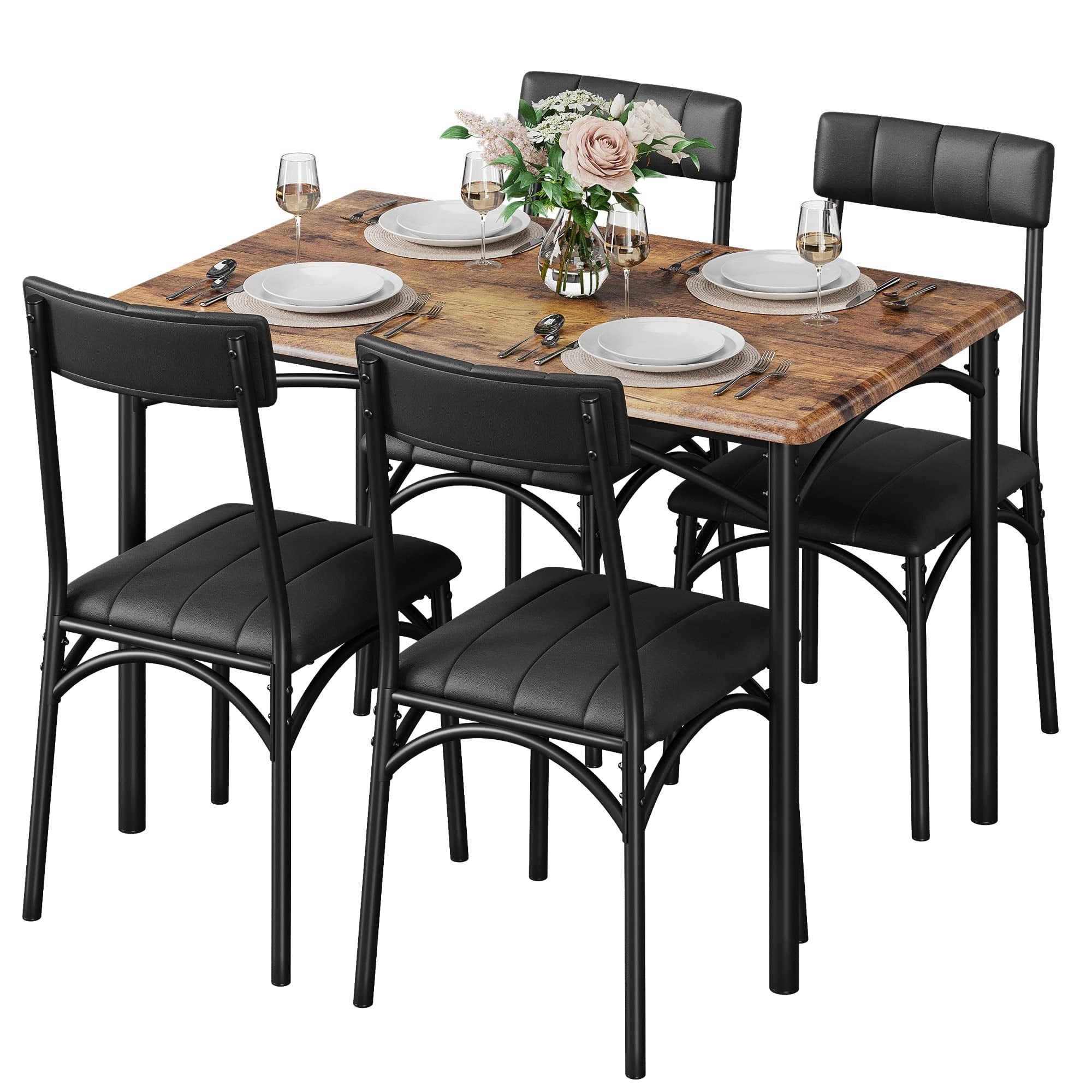 Rustic Brown MDF and Metal Dining Set with Black PU Leather Chairs