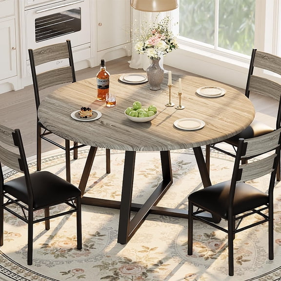 Soonbuy 5-Piece Round Dining Table Set for 4, Sturdy Wooden Kitchen Table and 4 Upholstered Chairs, Space-Saving Circle Dinner Table Set for Apartment, Small Dining Room