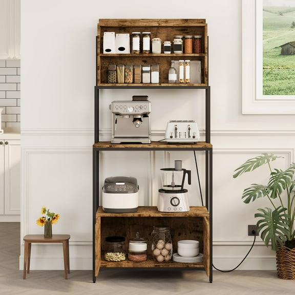 Soonbuy 5 Tier Bakers Rack with Cabinet and Open Shelves, Industrial Microwave Stand with Power Outlet, Free Standing Coffee Bar, Kitchen Storage Rack for Pots, Pans & Spices, Brown