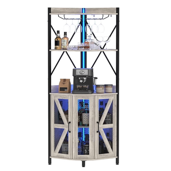 Soonbuy 5-Tier Corner Wine Bar Cabinet with LED Lights, Power Outlet, Glass Holder, Mesh Door,Freestanding Industrial MDF & Metal Liquor Storage for Kitchen, Dining Room, or Living Room