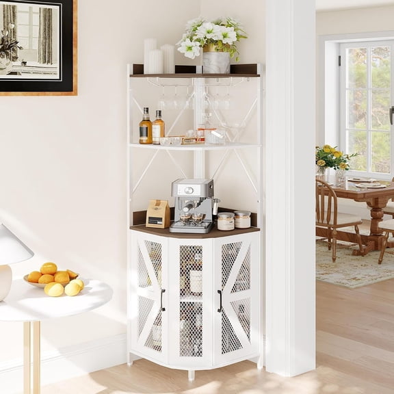 Soonbuy 5-Tier Corner Wine Bar Cabinet with LED Lights, Power Outlet, Glass Holder, Mesh Door,Freestanding Industrial MDF & Metal Liquor Storage for Kitchen, Dining Room, or Living Room