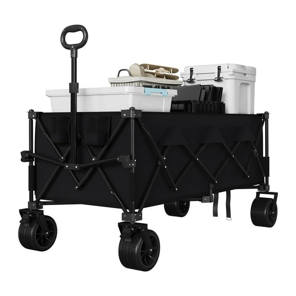 Soonbuy 52" Outdoor Heavy Duty Foldable Wagon for Beach, Extra Large Collapsible Camping Wagon, All Terrain Beach Wagons Extended with Cup Holders for Sand, Garden, Patio, Backyard, Black/Blue/Red