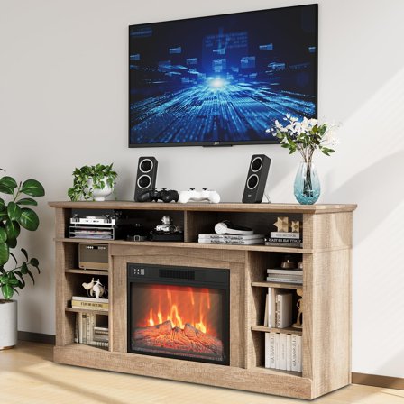 Soonbuy 58" Electric Fireplace TV Stand with 23" Remote-Controlled Fireplace Insert, Realistic 3D Flame, Mantel Design, Cabinets & Open Shelves, Entertainment Console for Living Room or Bedroom