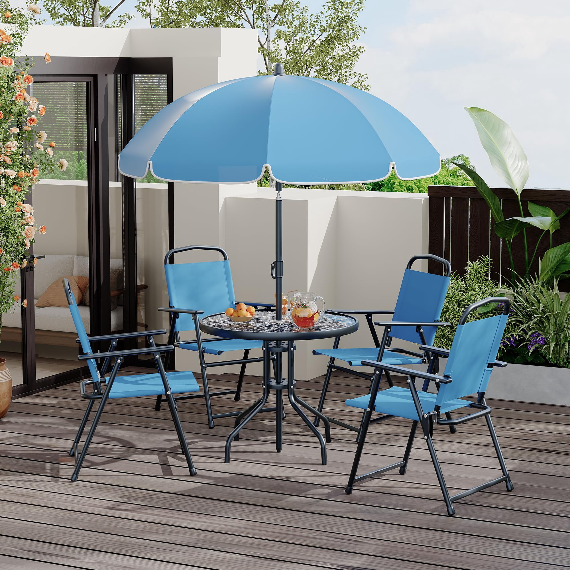 4 chair patio set with umbrella for sale 6 Piece Round- Chairs, table and compatible with most umbrellas MFSTUDIO Patio Table and Chairs