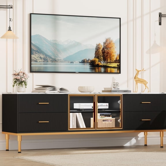 Soonbuy 66 Inch Fluted TV Stand, Modern Entertainment Center with Faux Marble Top 4 Drawers 2 Glass Doors & Fits 75 in TV, Media Console with Multiple Modes & Colors - LED Lights for Living Room