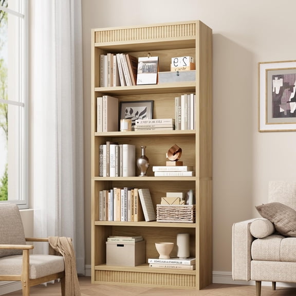 Soonbuy 71 Inch Farmhouse Bookcase with Double Fluted Design, 5-Tier Tall Wooden Bookshelf with Sturdy Base, Rustic Vintage Book Shelf for Living Room, Office, Library