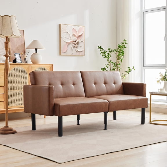 Soonbuy 75.5" Futon Sofa Bed with Wooden Frame, Convertible Sleeper Sofa Couch, Vertical Pattern Mid Century Modern Loveseat, Space-Saving Couch Bed for Living Room, Guest Room, Office