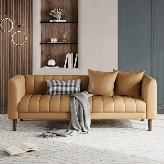 Soonbuy 78" W Faux Leather Sofa Couch for Living Room, Modern 3 Seater Sofa Couch with Deep Seats, 2 Throw Pillows and Wood Legs, for Small Space, Bedroom, Apartment, Home Office