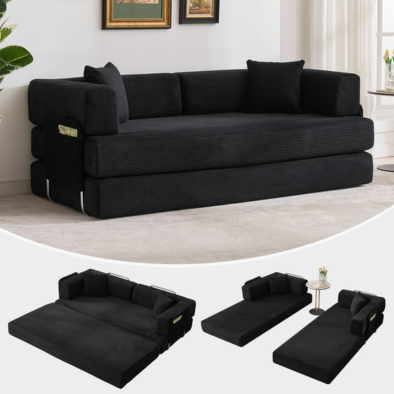 Soonbuy 79" Convertible Sofa Bed, 5-in-1 Folding Sleeper Sofa with Fixed Frame & Removable Armrests, Corduroy Modular Futon Couch for Small Space,Includes Pillows,No Assembly