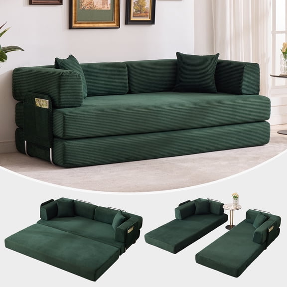 Soonbuy 79" Convertible Sofa Bed, 5-in-1 Folding Sleeper Sofa with Fixed Frame & Removable Armrests, Corduroy Modular Futon Couch for Small Space,Includes Pillows,No Assembly