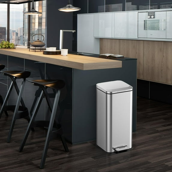 Soonbuy 8 Gallon Bathroom Step Trash Can, Stainless Steel Foot Pedal Garbage Can with Soft-Close Lid for Kitchen, with Removable Inner Bucket, Silver