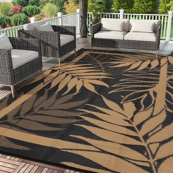 Soonbuy 8x10FT Outdoor Rug with Palm Leaf Pattern, Waterproof Reversible Patio Carpet, Fade Resistant Outdoor Area Rug with Heavy Duty Non-Slip Backing for Deck, Backyard, Pool, Porch, Living Room