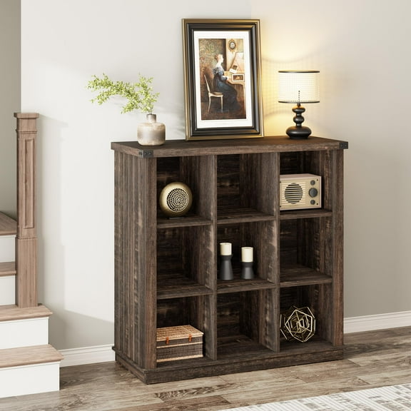 Soonbuy 9 Cube Storage Organizer Bookshelf, 4 Tier Farmhouse Horizontal Bookcase, 37.4 Inch Wood Storage Bookcase for Entryway, Long Low Bookshelves for Living Room