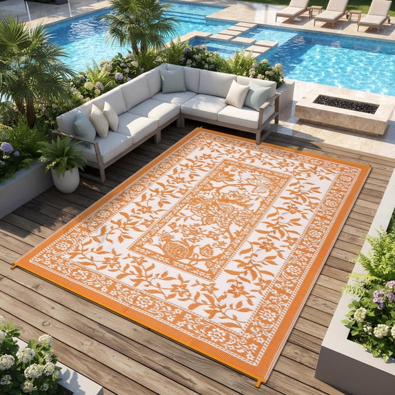 Soonbuy 9x12 FT Outdoor Rug, Waterproof Reversible Plastic Straw Outdoor Patio Rug, Botanical Grove Vintage Cottage Outdoor Area Rug Carpet for RV, Deck, Picnic, Beach, Backyard