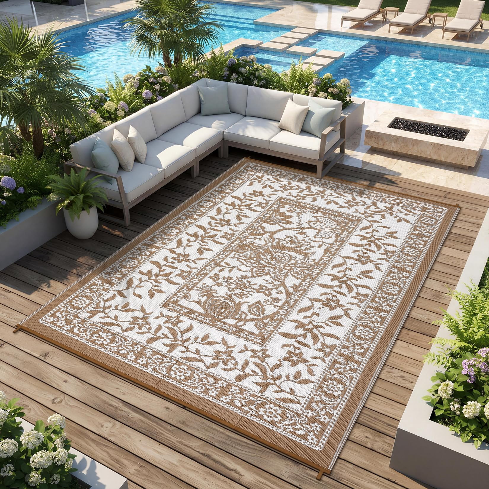 Soonbuy 9x12 FT Outdoor Rug, Waterproof Reversible Plastic Straw Outdoor Patio Rug, Botanical Grove Vintage Cottage Outdoor Area Rug Carpet for RV, Deck, Picnic, Beach, Backyard