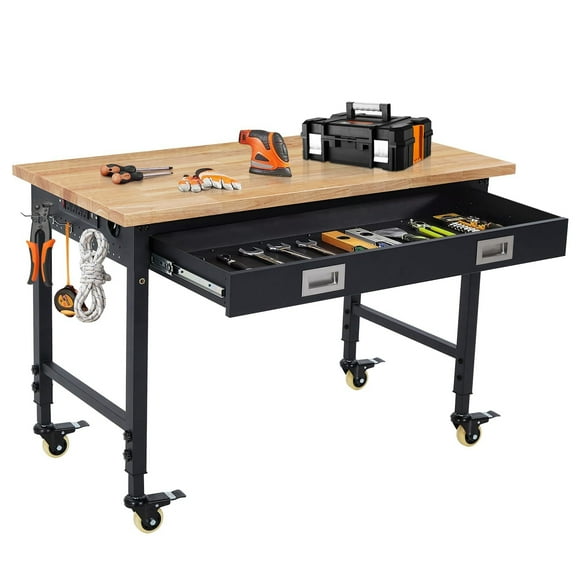 Soonbuy Adjustable Workbench, 48" L X 24" W Garage Worktable with Universal Wheels, 28.3-39.5" Heights & 2000 LBS Load Capacity, with Power Outlets &Drawer for Office Home