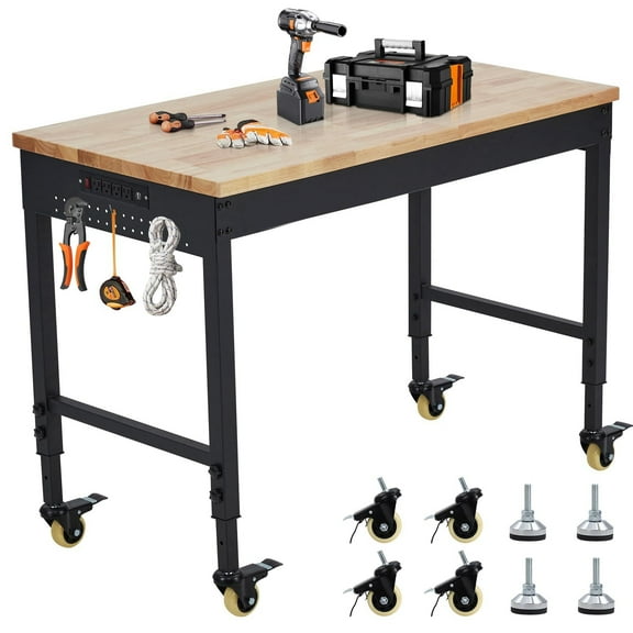 Soonbuy Adjustable Workbench, 72" L X 25" W Garage Worktable with Universal Wheels, 28.3-39.5" Heights & 2000 LBS Load Capacity, with Power Outlets, for Office Home