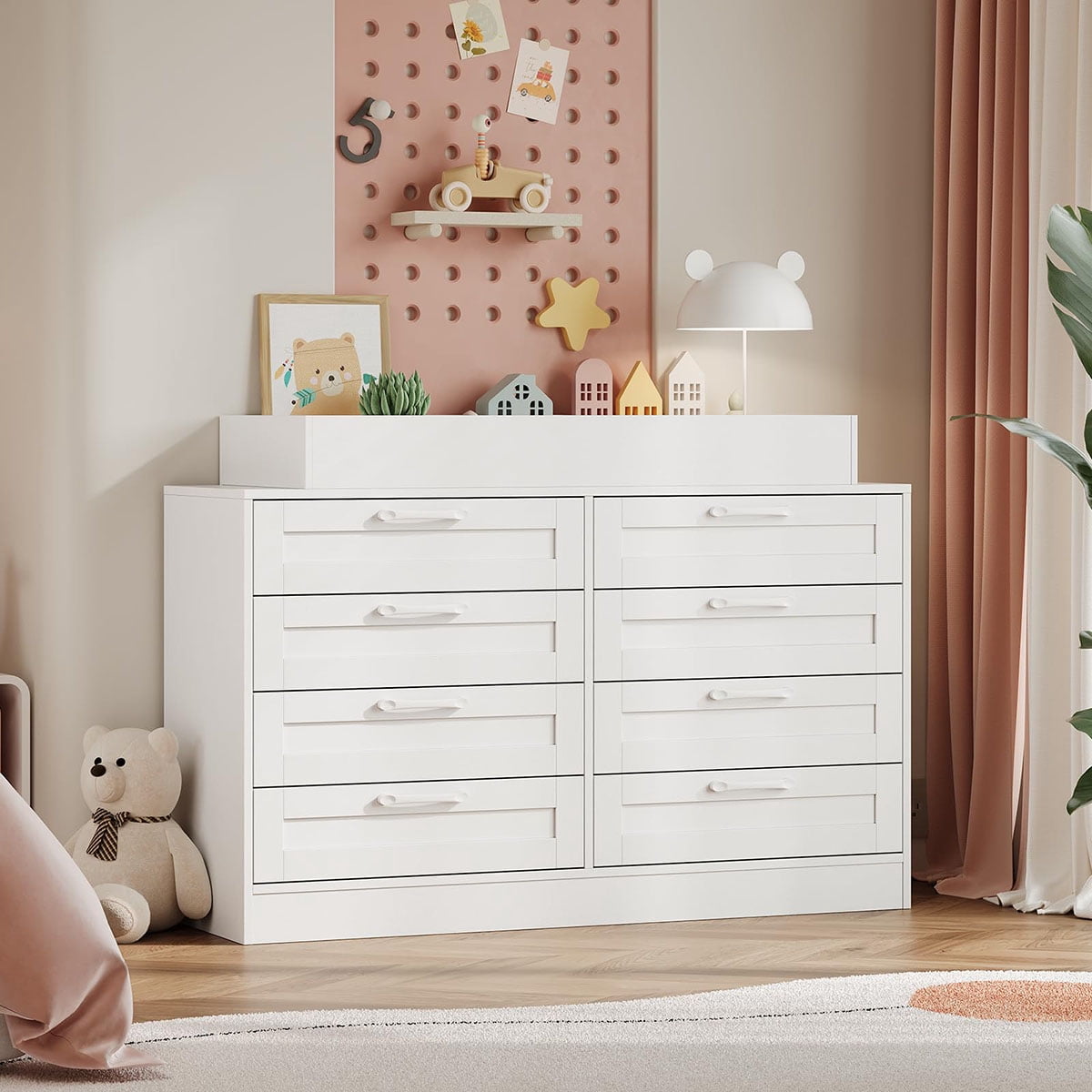 Soonbuy Baby Changing Dresser with 8 Drawers,Wooden Nursery Dresser with Safety Rail & Open Shelf, Changing Table Station Space-Saving Organizer
