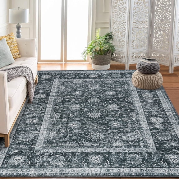 Soonbuy Boho Vintage Distress Floral Area Rug, Machine Washable Low Pile Carpet, Thin Lightweight Stain-Resistant Polyester Rug with Grip Dots for Living Room Bedroom Dining Room