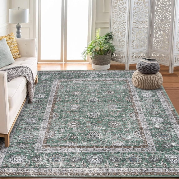 Soonbuy Boho Vintage Distress Floral Area Rug, Machine Washable Low Pile Carpet, Thin Lightweight Stain-Resistant Polyester Rug with Grip Dots for Living Room Bedroom Dining Room