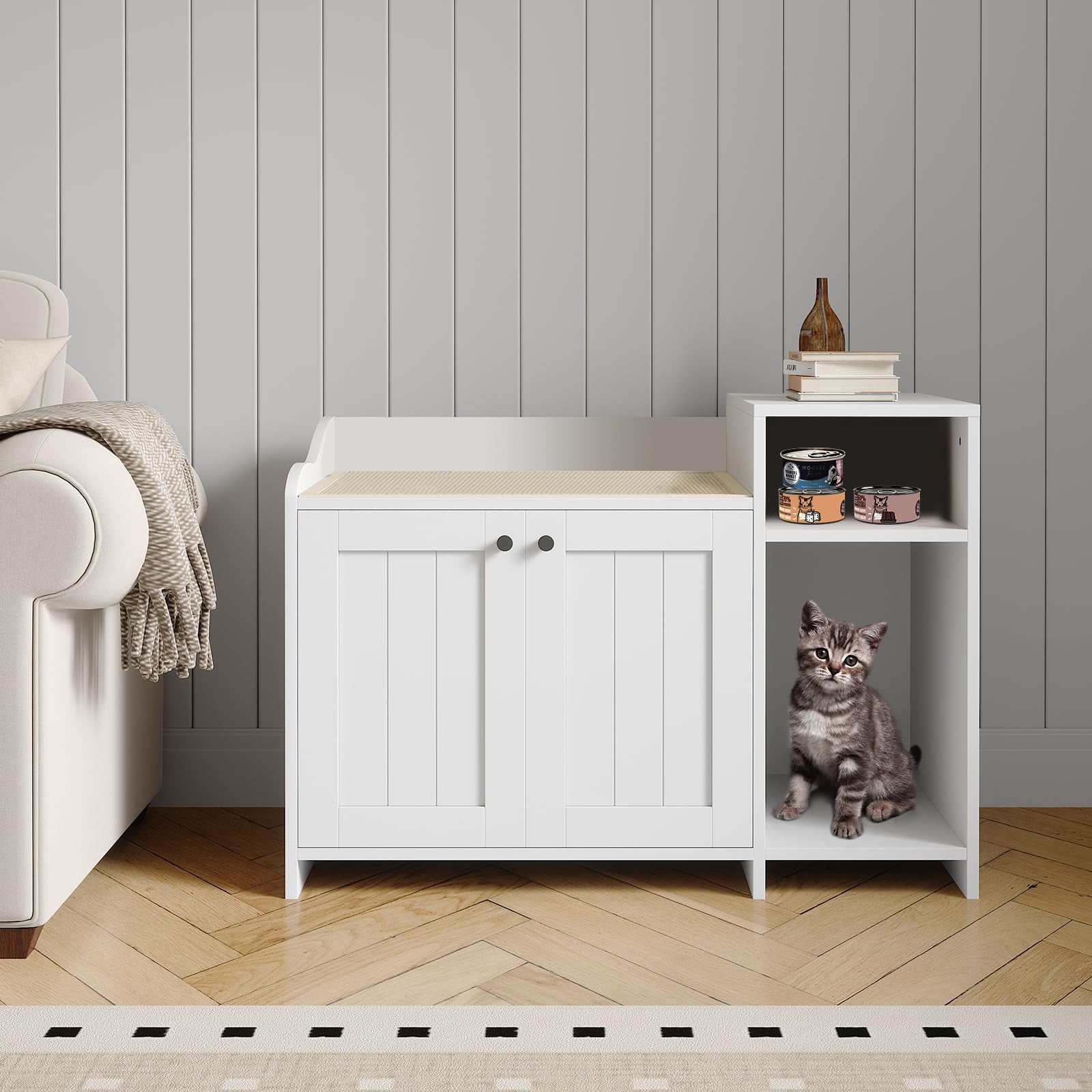 Soonbuy Cat Litter Box Enclosure Furniture, Hidden Litter Box Cabinet, Indoor Wooden Cat Washroom with Storage, Pet House, Dog Proof Hideaway Kitty Covered Litter Box Enclosure