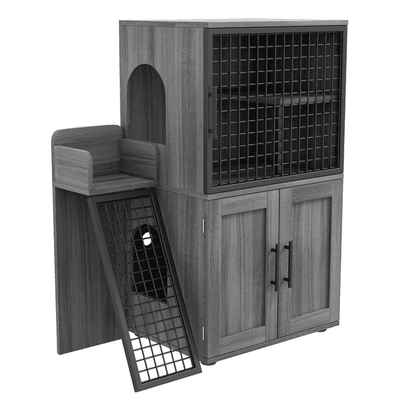 Soonbuy Cat Litter Box Enclosure with Platform, with Ladder, Wax Wood