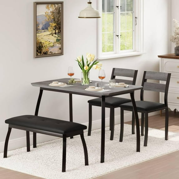 Soonbuy Dining Table Set for 4, Sturdy Wooden Kitchen Table with Chamfer Design and Metal legs, Upholstered Bench & 2 Classic Dinner Chairs, Kitchen and Dining Set for Home Dinner, Party, Apartment