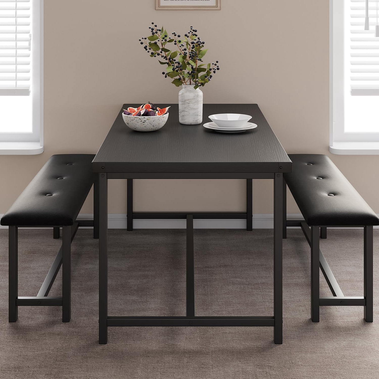 Soonbuy 4Person Dining Table Set, Benches Included, Easy Assembly