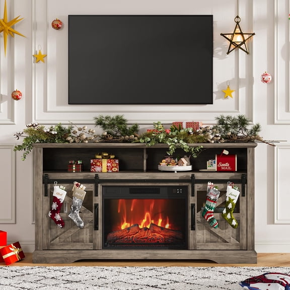 Soonbuy Farmhouse Fireplace TV Stand, 60 Inch Electric Fireplace TV Console with 23 Inch Electric Fireplace and Sliding Barn Door, Wood Color Entertainment Center for Living Room with Remote Control