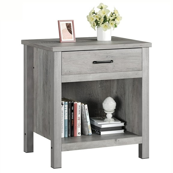 Soonbuy Farmhouse Square Nightstand, with Storage Drawer, Easy Assembly, Rustic Grey