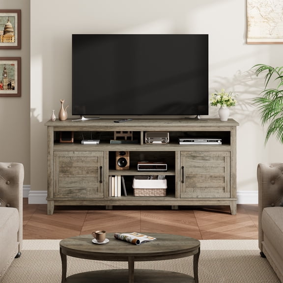 Soonbuy Farmhouse TV Stand for TVs Up to 70 Inch, 63 Inch Entertainment Center with 8 Storage Cubes & Adjustable Shelves & Cable Management, Rustic Media Console for Living Room Bedroom