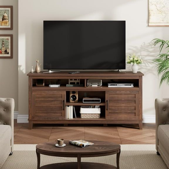 Soonbuy Farmhouse TV Stand for TVs Up to 70 Inch, 63 Inch Entertainment Center with 8 Storage Cubes & Adjustable Shelves & Cable Management, Rustic Media Console for Living Room Bedroom