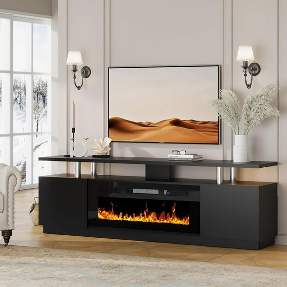 Soonbuy Fireplace TV Stand for 80 Inch TV, Modern 70” Entertainment Center with 36” Electric Fireplace, 12 Flame Colors, Media Console with Tempered Glass Shelves, TV Cabinet with Storage