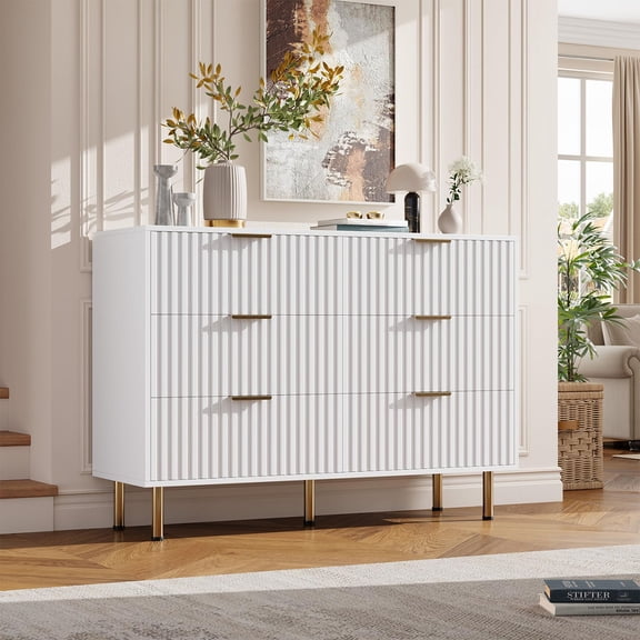 Soonbuy Fluted 6 Drawer Wide Dresser, Modern Chest with Spacious Deep Drawers, Wooden Organizer Ideal for Living Room, Hallway, or Kids Room
