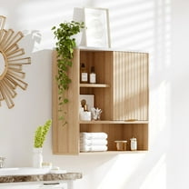 Soonbuy Fluted Medicine Cabinet, Modern Wall Mounted Bathroom Cabinet Over Toilet Storage, Floating Countertop Storage with Open Partition & Faux Marble Top, Natural Oak