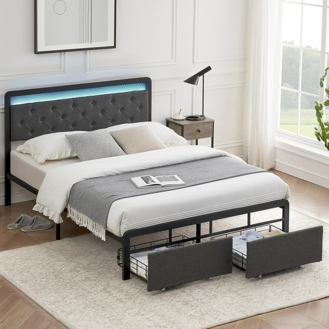 Soonbuy Full/Queen Bed Frame with 2 Storage Drawers, Button Tufted