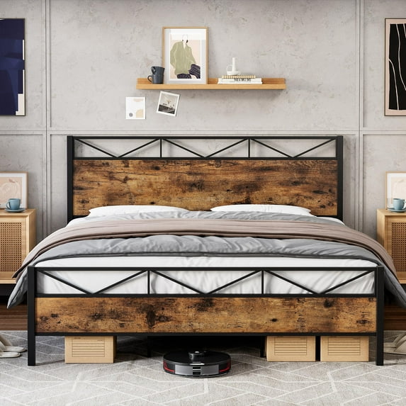 Soonbuy Full/Queen/King Headboard With Footboard, Sturdy Steel Slat Support, Brown