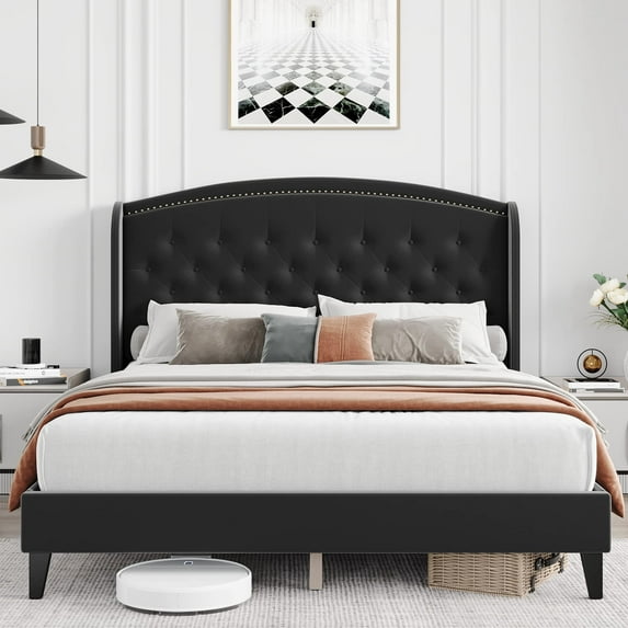 Soonbuy Full/Queen/King Platform Bed Frame, Upholstered Wingback Headboard,Black