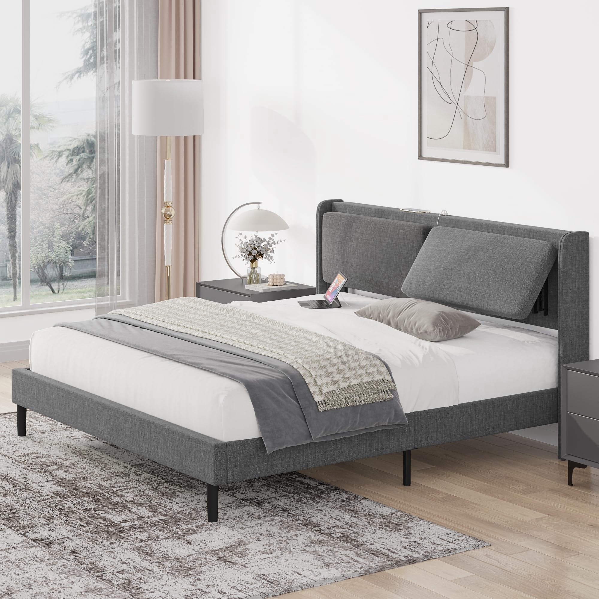 Soonbuy Full/Queen/King Size Bed Frame, Cushioned Adjustable Headboard