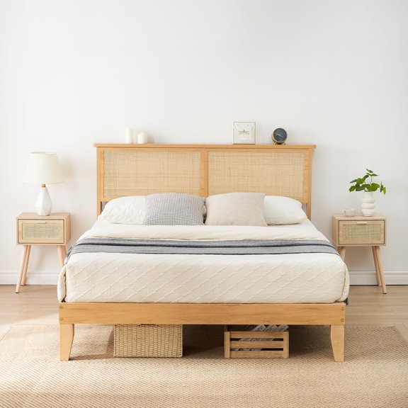 Soonbuy Full Size Rattan Bed Frame, Rustic-Chic​ Bed Frame Queen Size with Natural Rattan Headboard, Queen Bed with Led Lights, Wooden Support Legs and Slats, Noise-Free, No Box Spring Needed