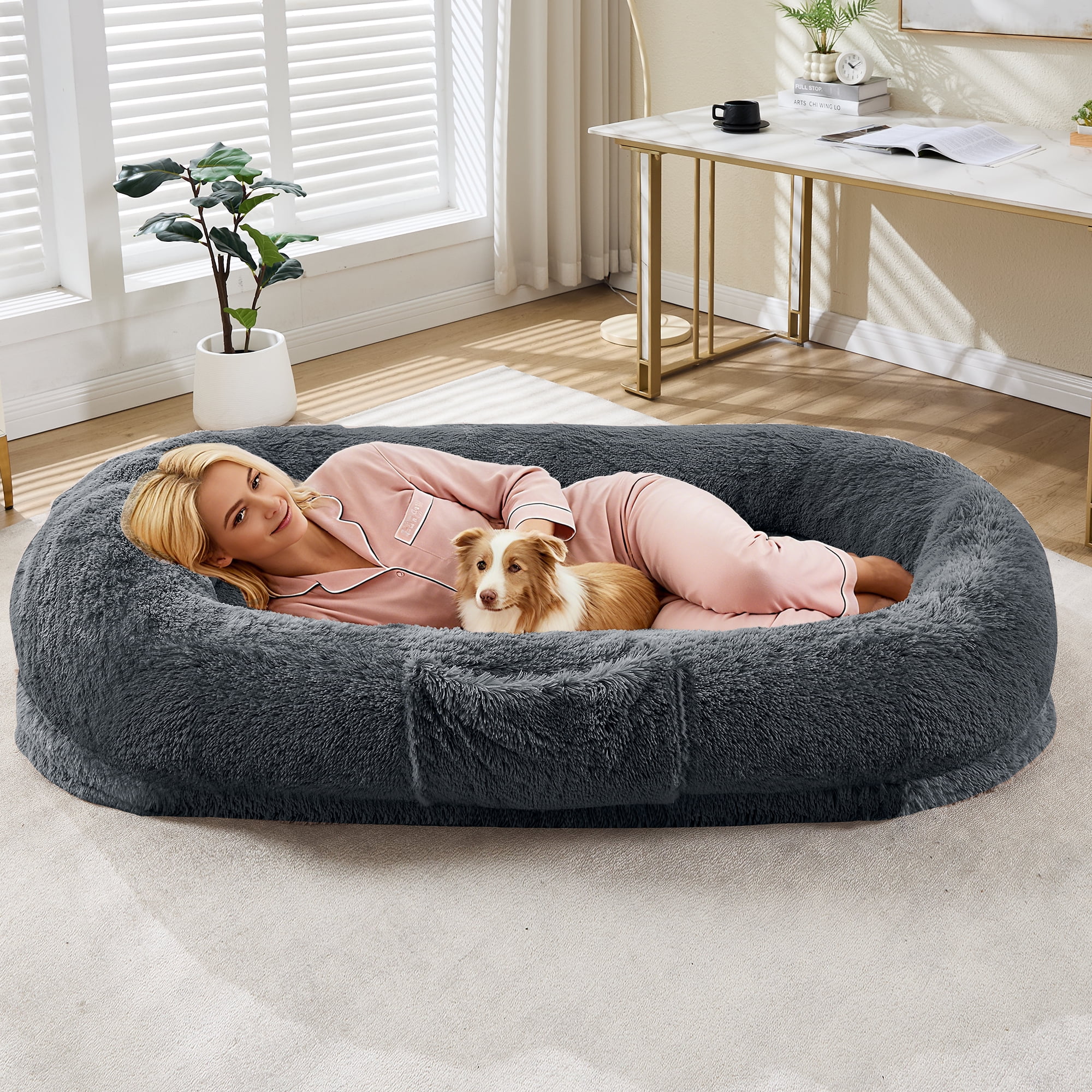 Soonbuy Human Dog Bed for Adult & Pets, Faux Fur Removable Human Dogs Bed with Portable Handle, Side Pocket, Egg Orthopedic Foam, Large Dog Beds for Bedroom Living Room Office,65  x41 x12 inch