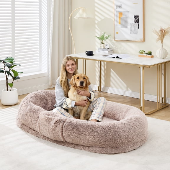 Soonbuy Human Dog Bed for Adult & Pets, Faux Fur Removable Human Dogs Bed with Portable Handle, Side Pocket, Egg Orthopedic Foam, Large Dog Beds for Bedroom Living Room Office,65  x41 x12 inch