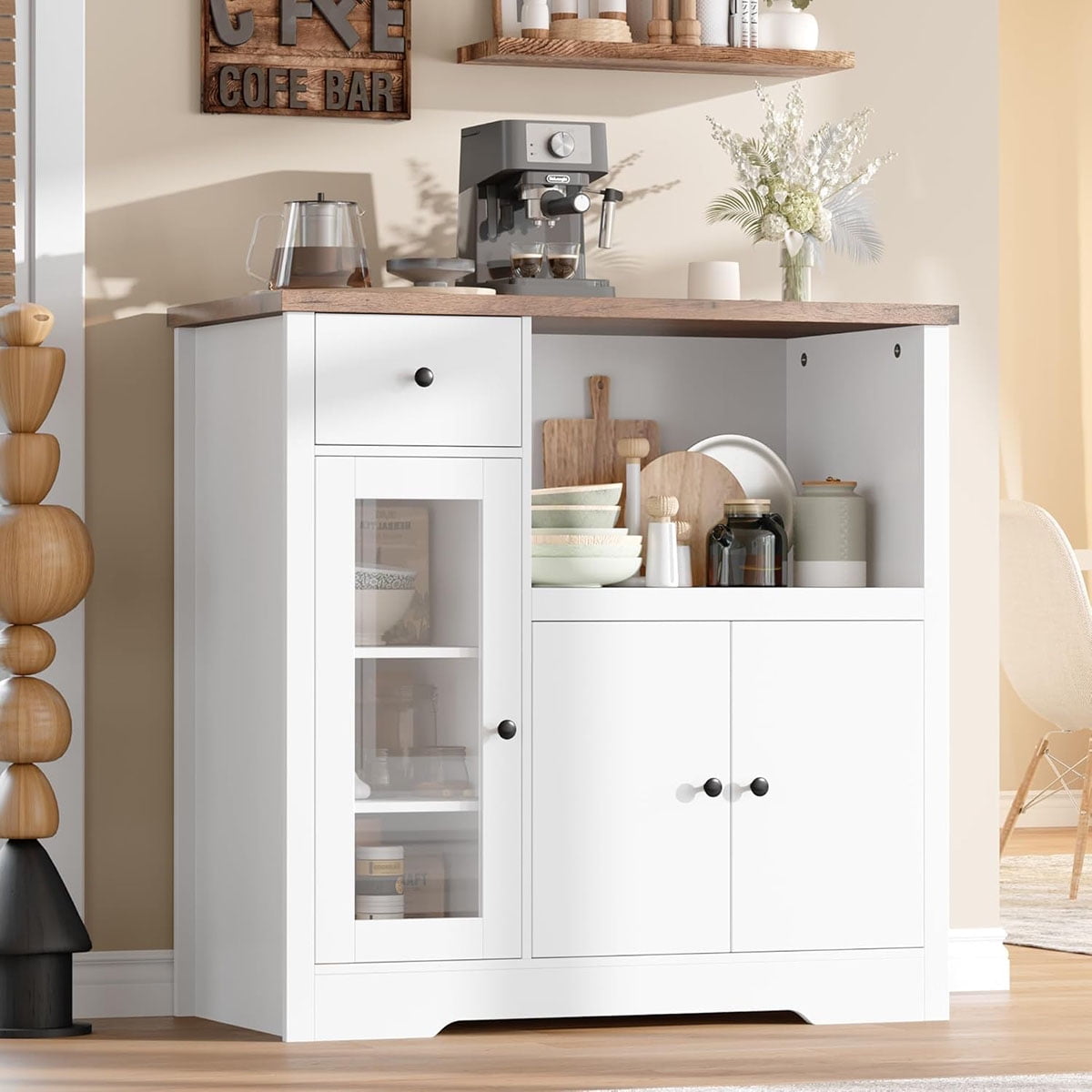Soonbuy Kitchen Microwave Cabinets with Storage, Buffet Cabinet Sideboard with 3 Doors,1 Drawer and Adjustable Shelves, Pantry Storage Cabinet for Kitchen, Dining Room, Living Room,Hallway
