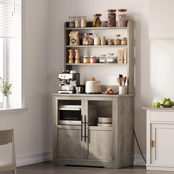 Soonbuy Microwave Stand Bakers Rack with Storage Cabinet, Farmhouse Bakers Rack with Power Outlets, Kitchen Bakers Rack Cabinet for Kitchen, Dining Room