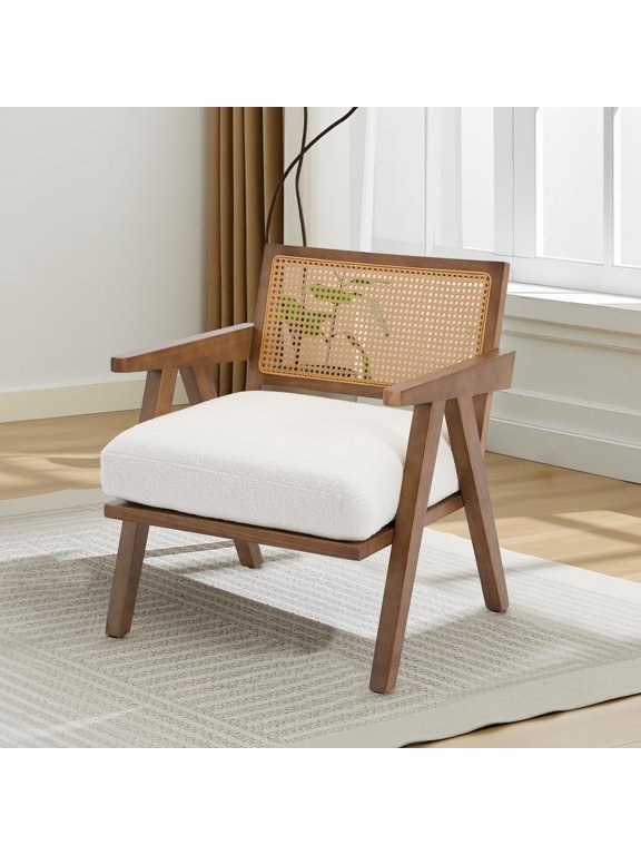 Mid Century Modern Accent Chair, Comfy Living Room Chairs with Sturdy Wood Legs, Rattan Backrest & Beige Thick Linen Cushion, Armchair for Bedroom Balcony Apartment, Beige/Grey/White/Black