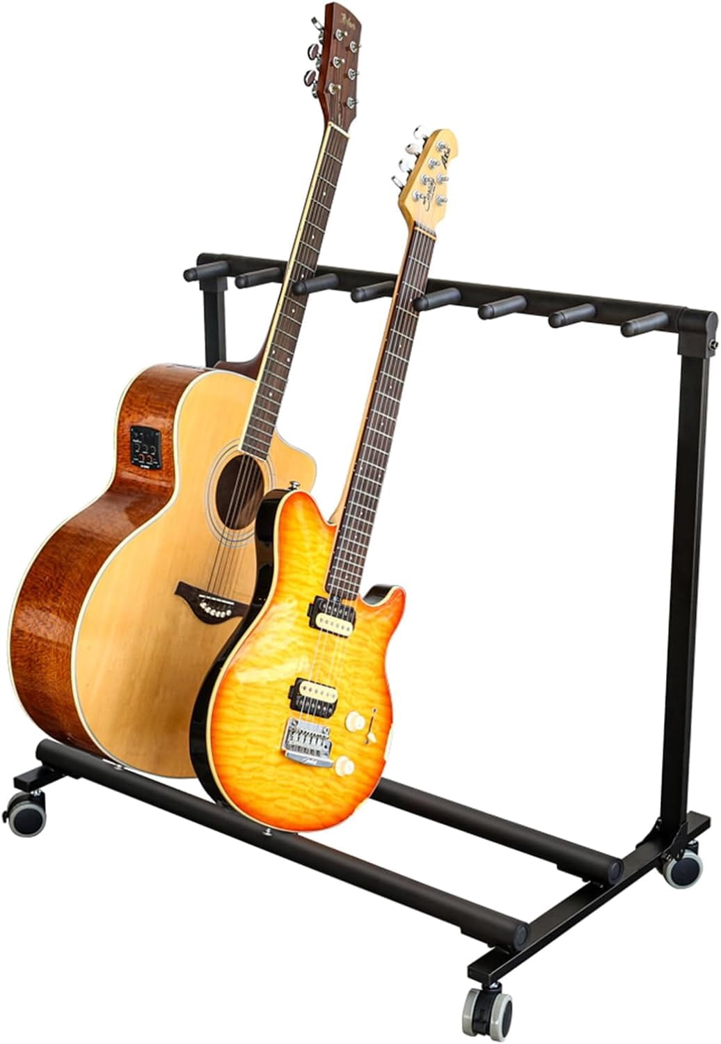 Soonbuy Multi Guitar Stand Rack With Wheels, Foldable Guitar Stand Display Rack With No-Slip Rubber Padding, Storage Rack for Home Band Stage Bass Acoustic Electric Studio Use, Black