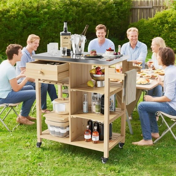 Soonbuy Outdoor Grill Cart, Solid Wood BBQ Cart Prep Table with Stainless Steel Top, Drawer, & Open Shelves, Portable Rolling Kitchen Island for Patio, Garden, Backyard